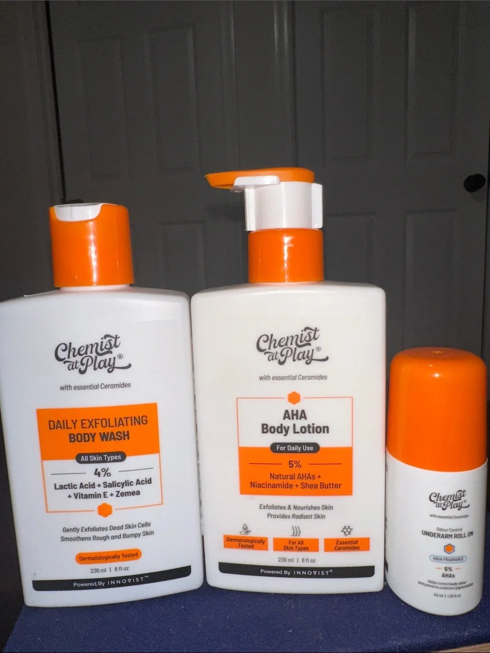 Exfoliating Trio Body wash, lotion, roll on